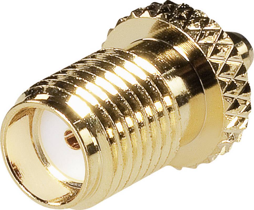Un connecteur coaxial doré avec un filetage à vis et des rainures extérieures pour la fixation. Principalement utilisé pour les connexions de câbles.