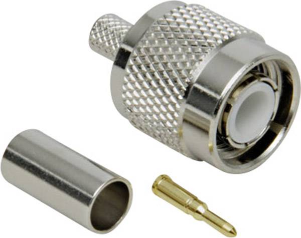 Connecteur coaxial RF : forme cylindrique argentée avec rainures, à côté d'une broche dorée. Utilisé pour les connexions de câbles.
