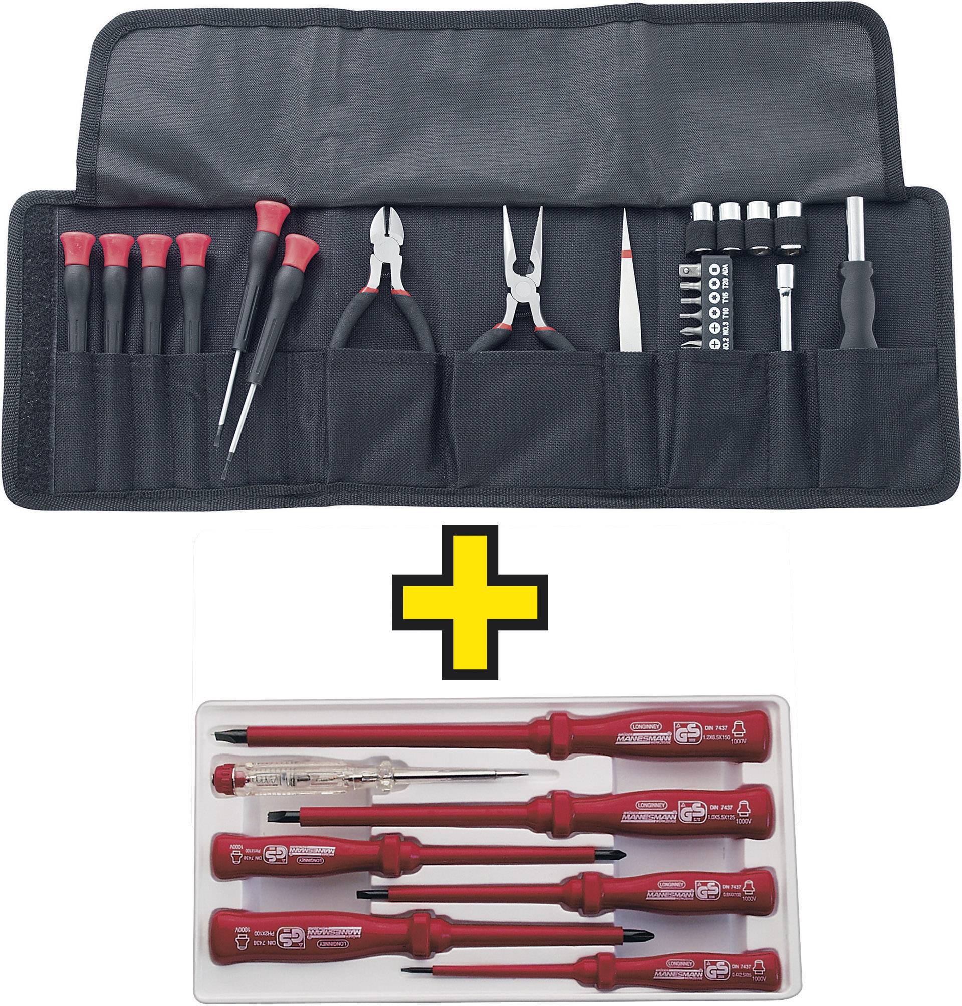 Ensemble d'outils comprenant des tournevis, des pinces et des embouts dans un sac ouvert. En dessous, un jeu supplémentaire et séparé de tournevis isolés.
