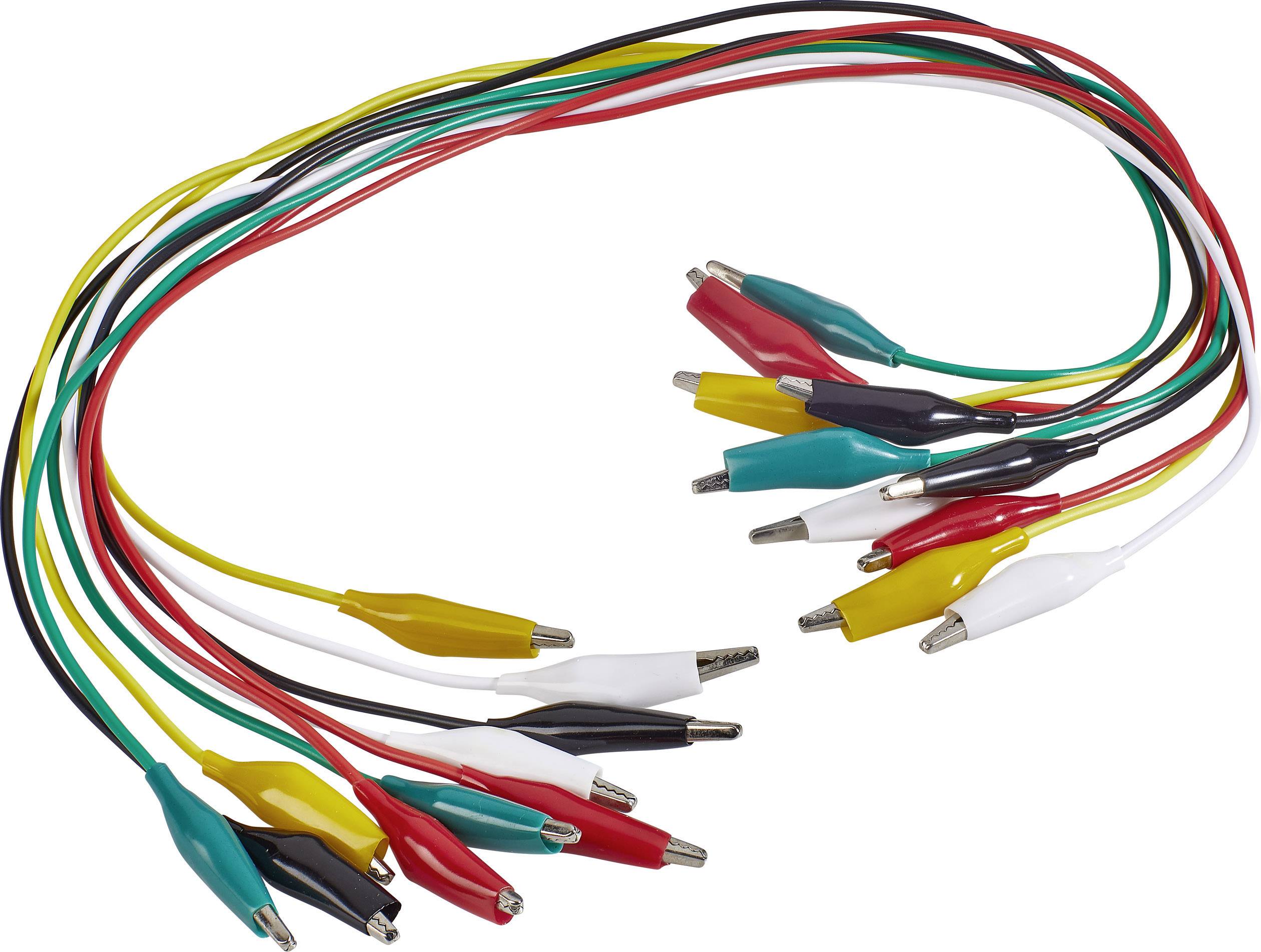 Plusieurs pinces crocodile de différentes couleurs sont lâchement connectées entre elles. Elles sont fréquemment utilisées pour des connexions électriques.