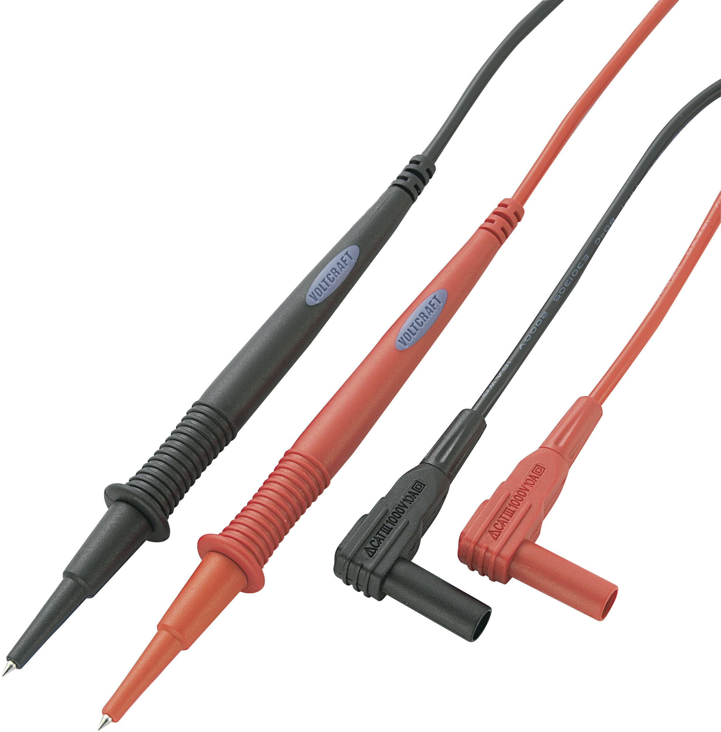 Deux cordons de mesure présentant des pointes de test noires et rouges. Ils sont utilisés pour tester des circuits électriques.
