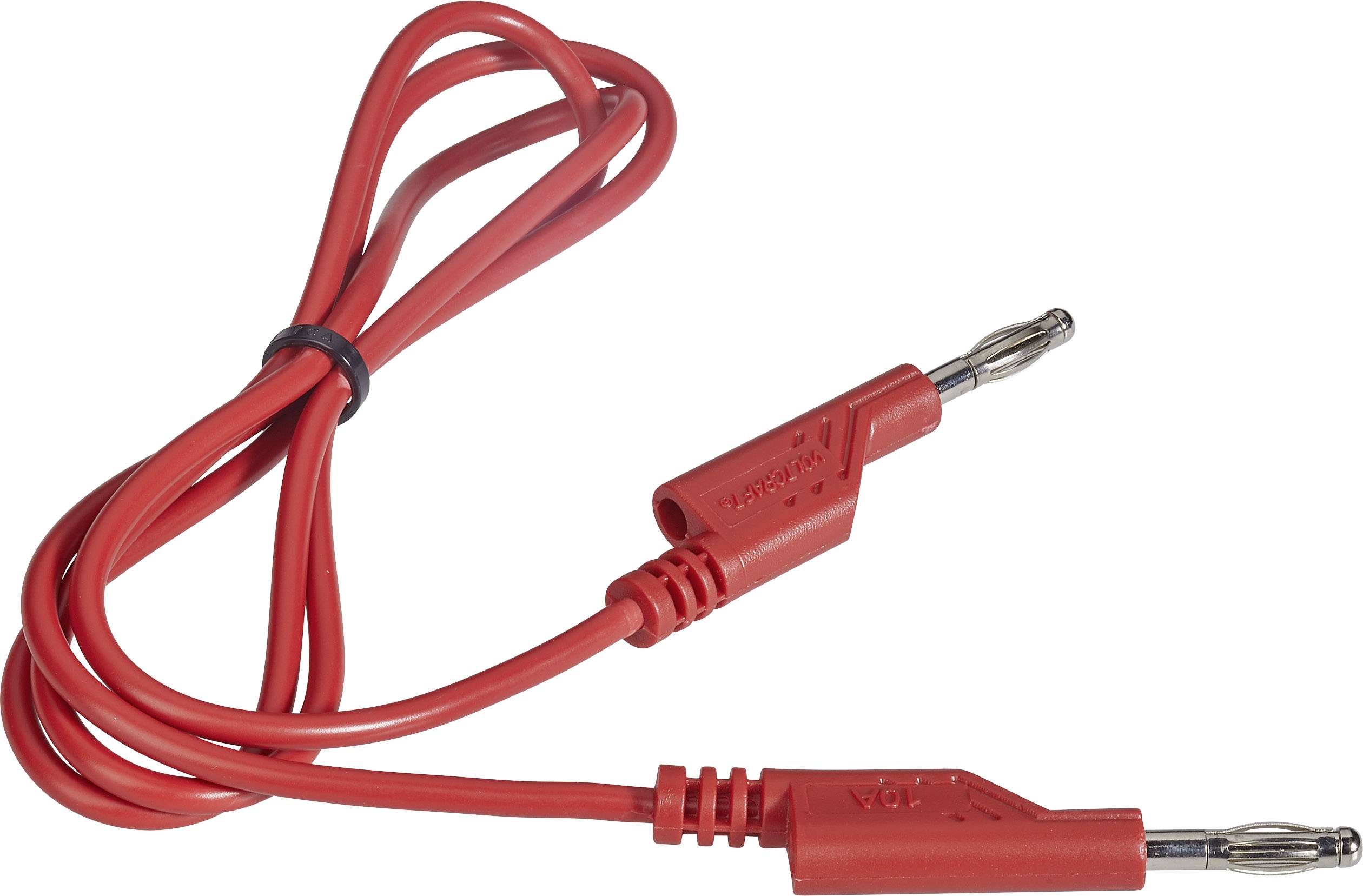 Câble de mesure rouge avec deux fiches bananes, utilisé pour les mesures électriques afin de connecter des appareils dans un circuit.
