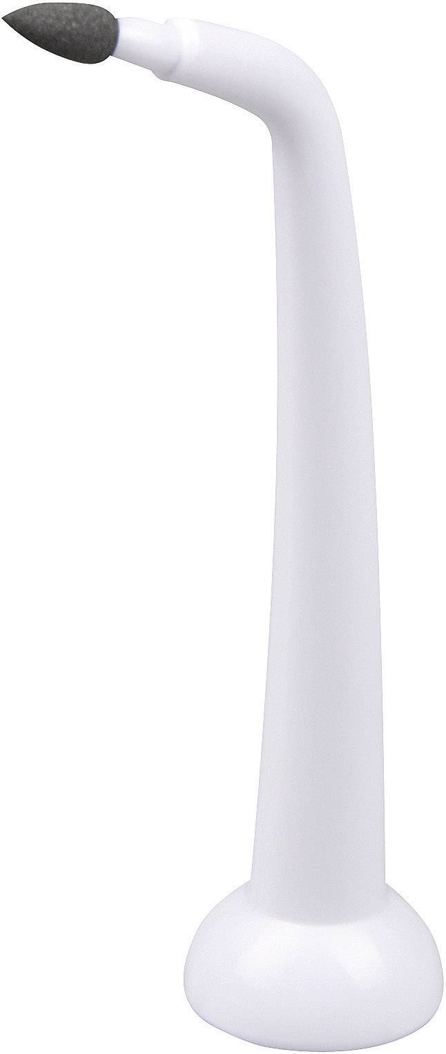 Un manche d'instrument dentaire blanc et élancé, avec une pointe sombre, probablement un polissoir, sur un fond clair.