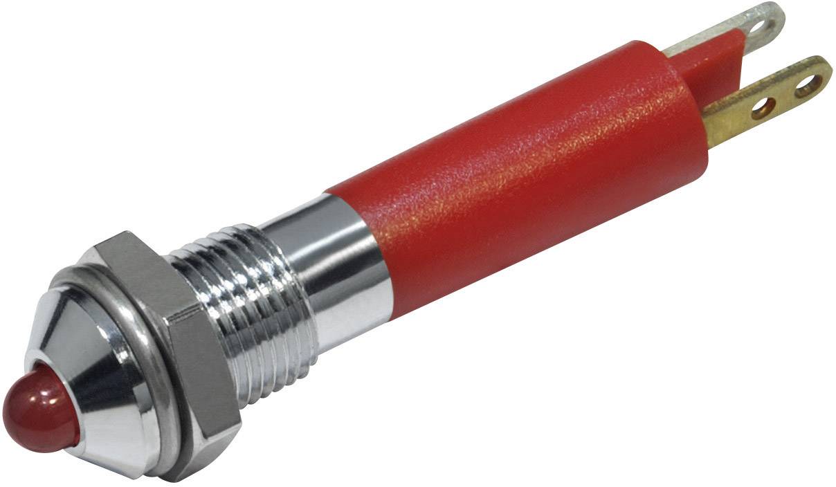 Un bouton-poussoir rouge cylindrique avec un filetage métallique et deux connexions électriques à l'extrémité.