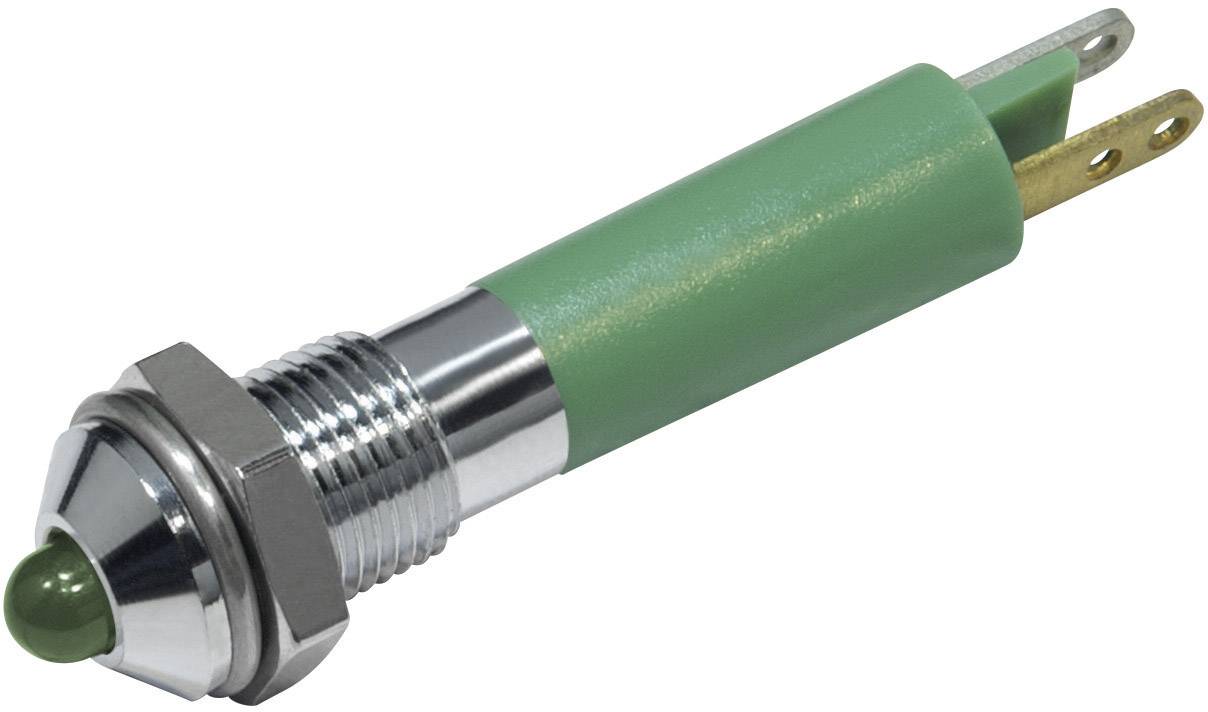 Indicateur à diode électroluminescente verte avec boîtier métallique et deux bornes, souvent utilisé dans les circuits électroniques pour signaler un état.