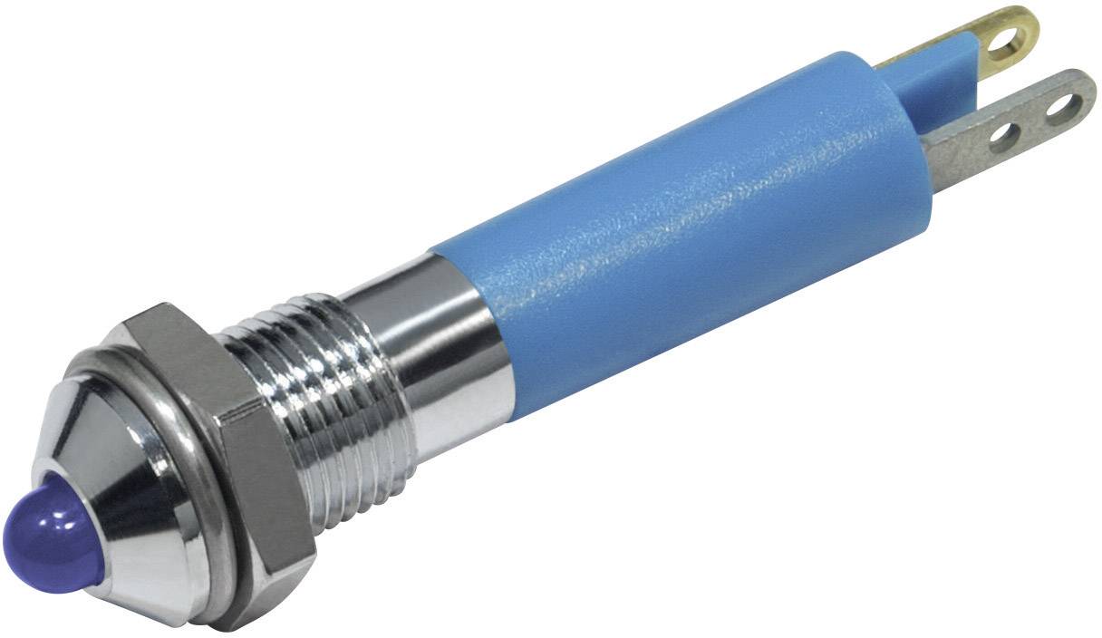 Un interrupteur métallique bleu avec un capuchon rond et deux contacts de connexion plats, destiné à être utilisé dans des circuits électriques.