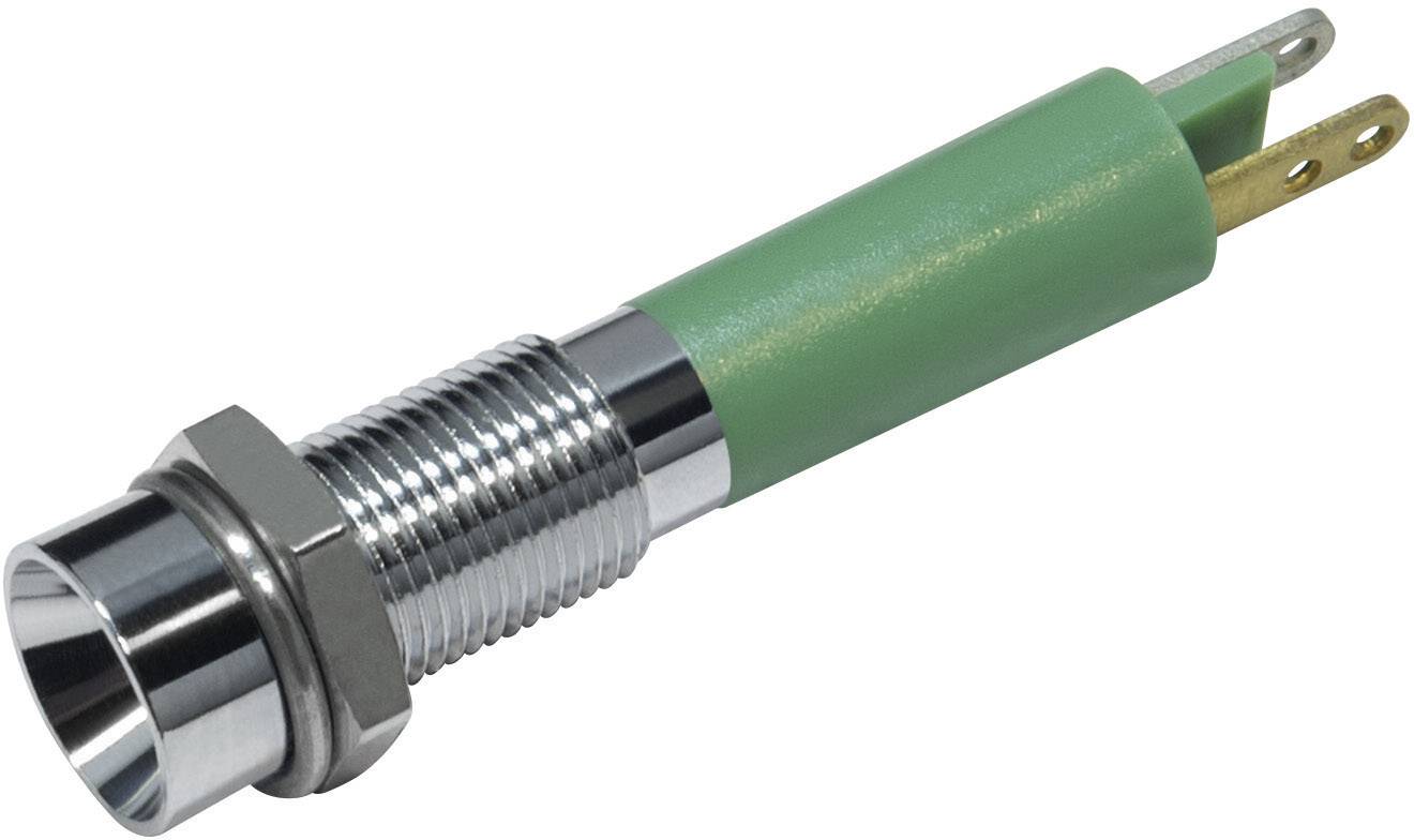 Gros plan d'un connecteur électrique vert avec boîtier métallique et écrou de fixation, montrant la fiche et sa structure interne.
