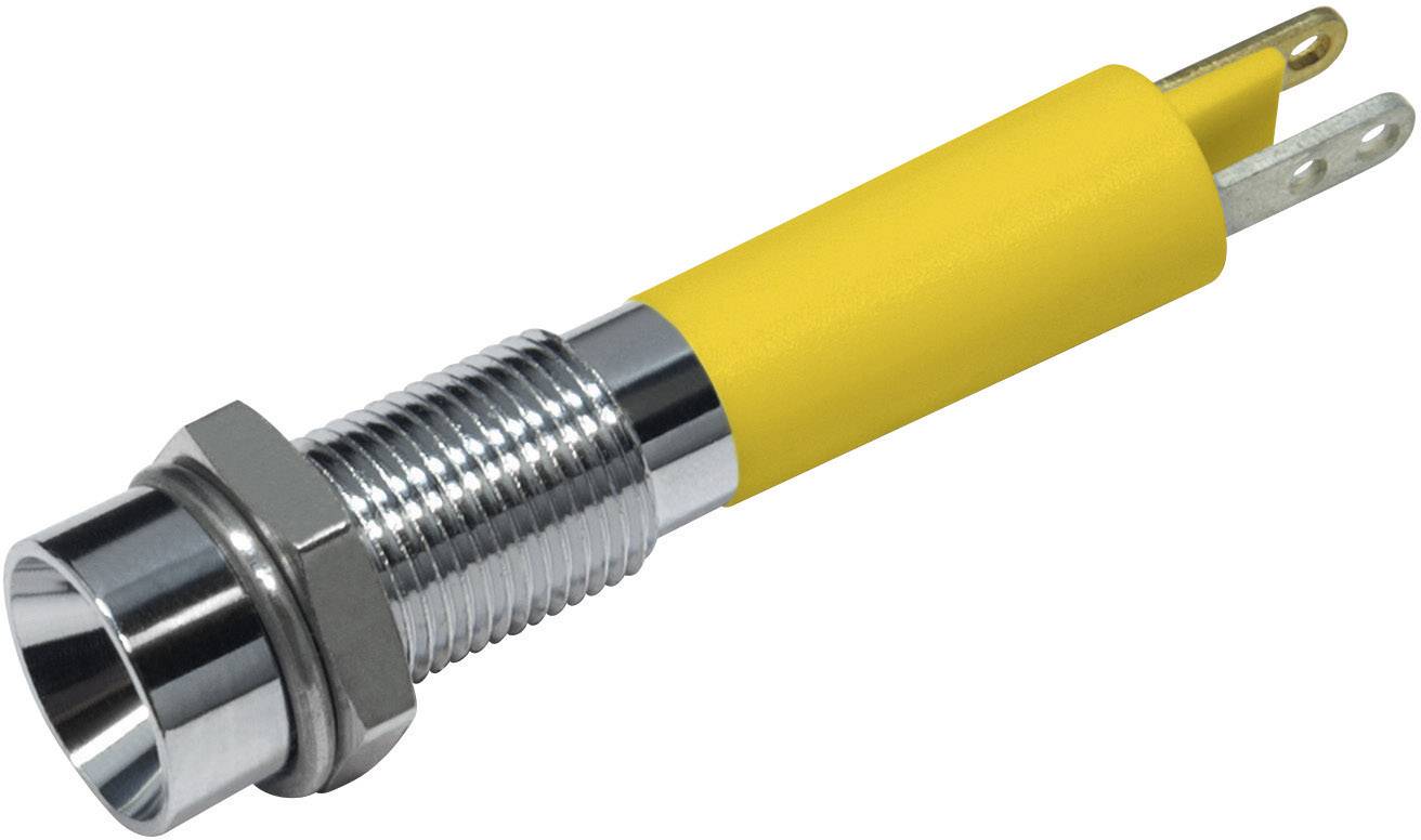 Un indicateur LED jaune avec un filetage métallique et deux connexions électriques. Adapté pour un montage en panneau.