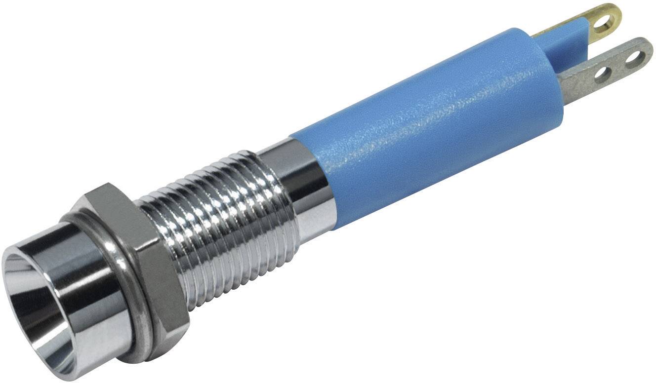 Interrupteur métallique avec boîtier en plastique bleu et deux connexions métalliques. Adapté aux applications électroniques.