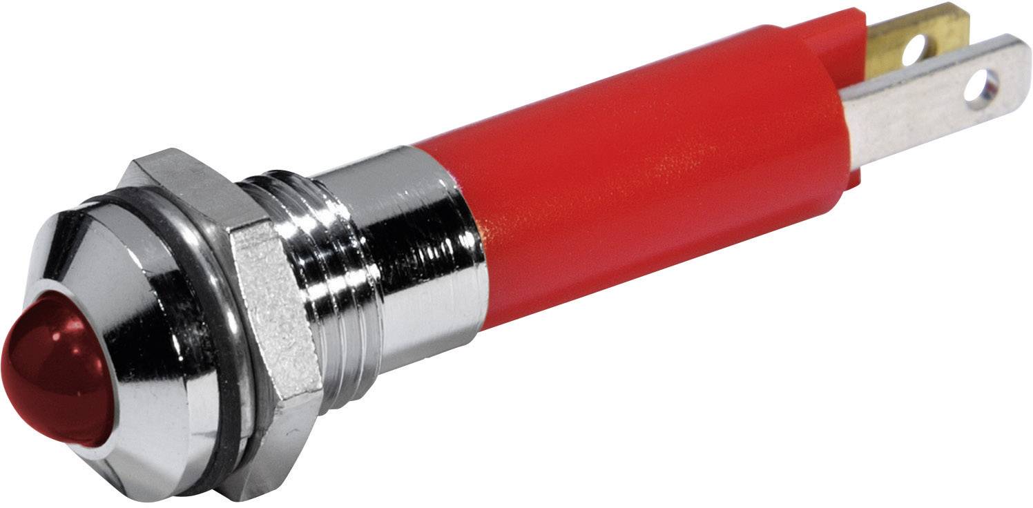 Bouton-poussoir rouge avec boîtier métallique argenté et deux pattes de connexion, posé sur un fond blanc.