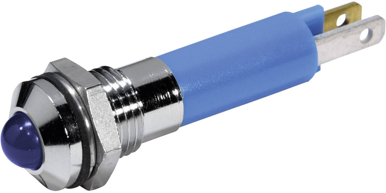 Un bouton-poussoir circulaire bleu avec un encadrement métallique et deux contacts de connexion.