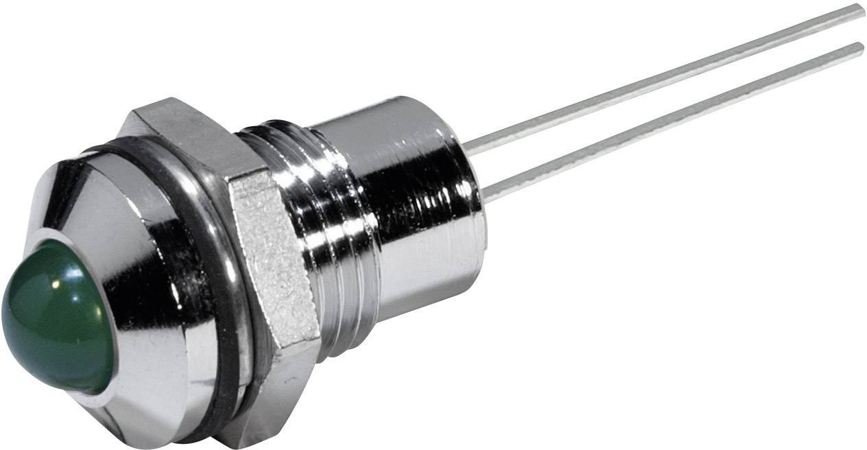Un bouton-poussoir métallique avec voyant vert, deux fils de connexion à l'arrière, adapté pour les circuits électroniques.
