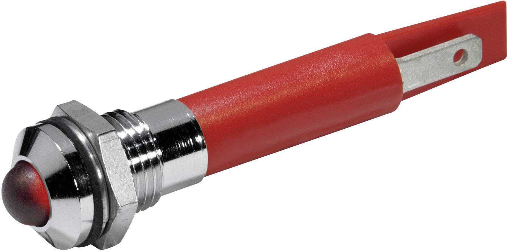 Interrupteur à bouton-poussoir rouge avec bordure métallique argentée et connexion.