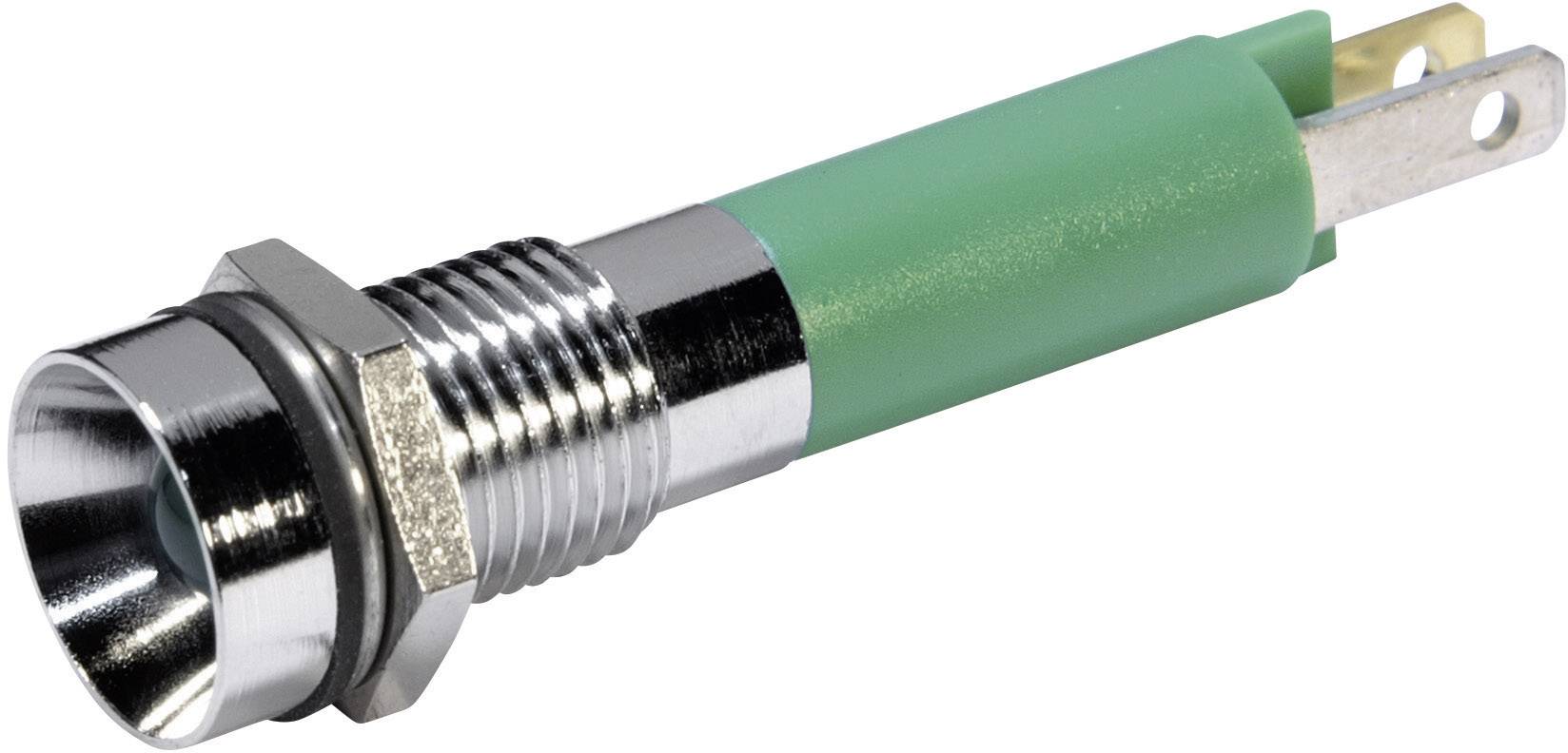 Bouton-poussoir LED métallique de forme cylindrique avec boîtier vert et broches de connexion. Adapté aux applications électroniques.