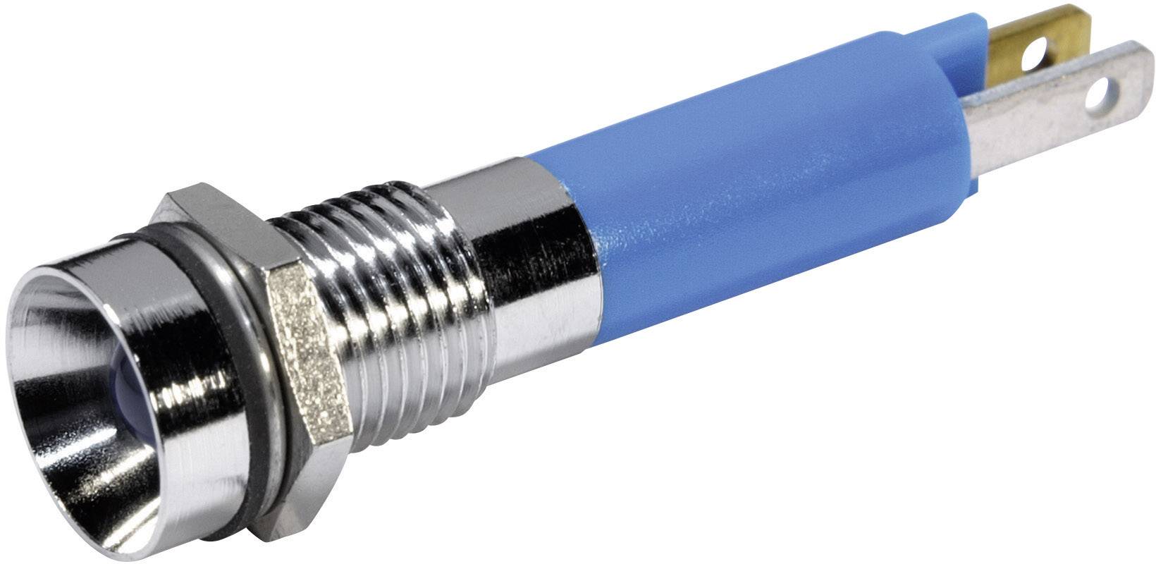 Un composant électrique bleu métallique fileté avec des broches de connexion, probablement un dispositif de signalisation ou d'éclairage.