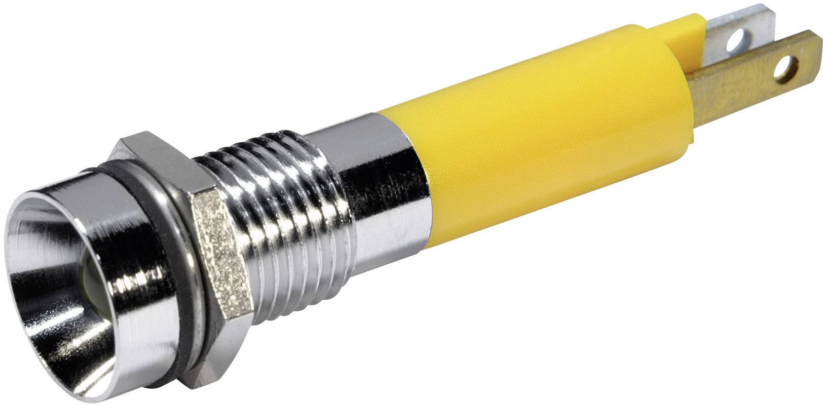 Indicateur LED cylindrique jaune avec filetage métallique et connexions enfichables.