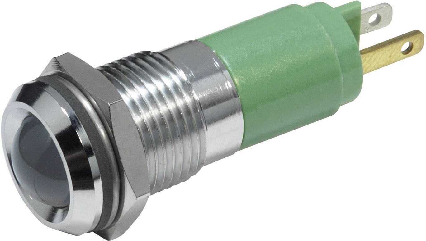 Bouton-poussoir métallique avec boîtier en plastique vert et trois broches de connexion, adapté aux applications électroniques.