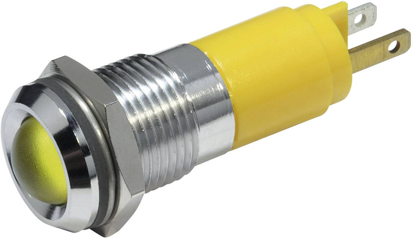 Un bouton-poussoir jaune en métal avec un actuateur rond et deux broches de connexion, adapté aux applications électroniques.