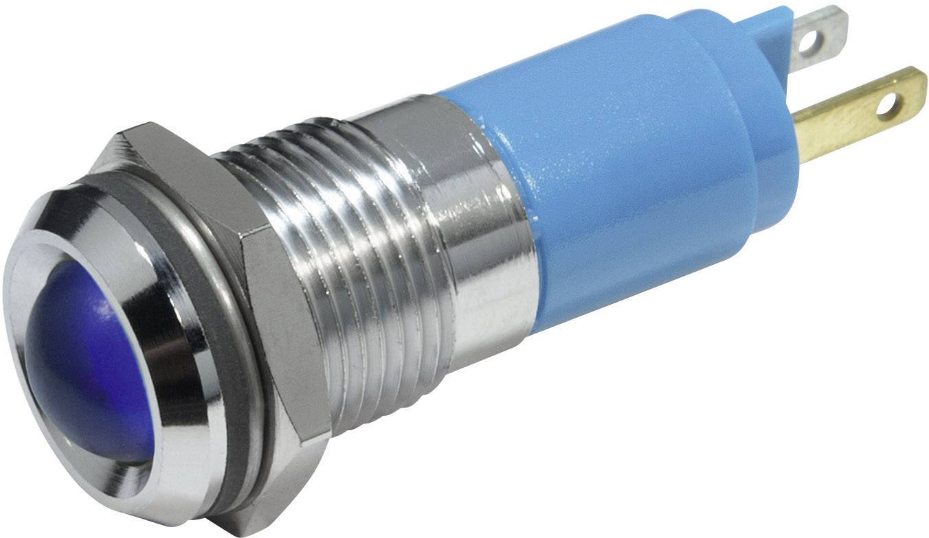 Un bouton-poussoir bleu avec un cadre métallique et deux bornes de connexion, adapté pour une utilisation dans des circuits électroniques.
