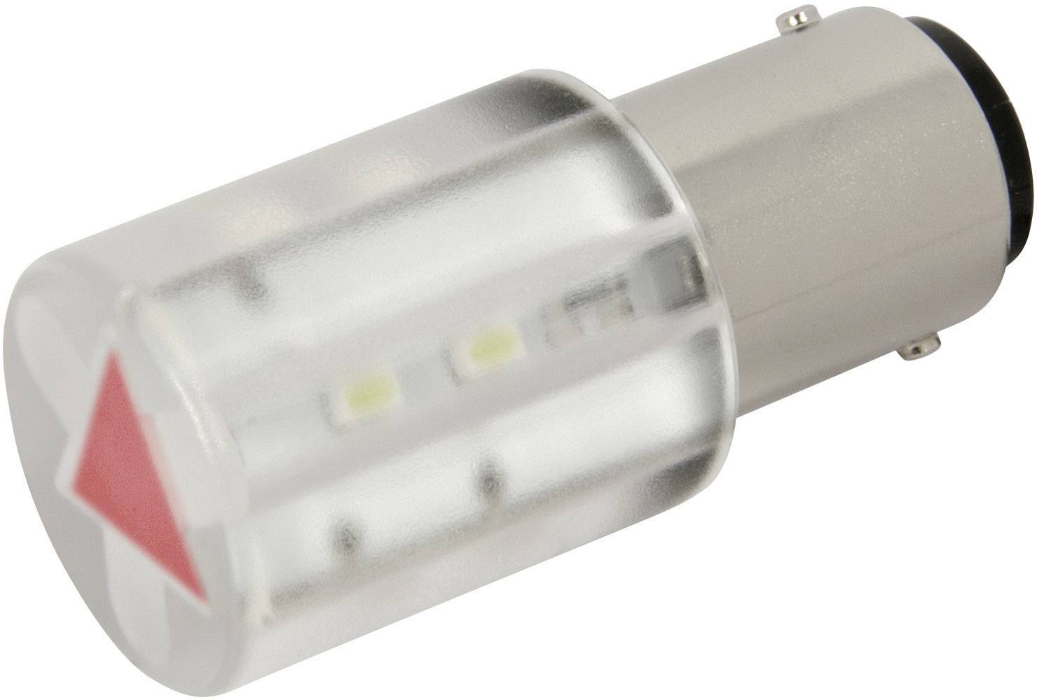 Une ampoule transparente avec base métallique et une flèche rouge sur le côté, indiquant le sens d'insertion et la direction de la lampe.