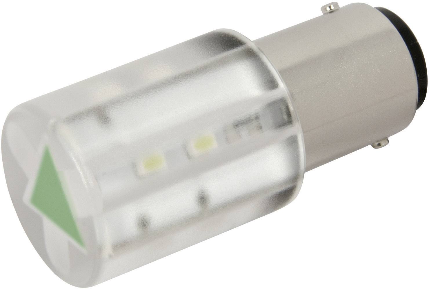 Lampe LED blanche avec douille à baïonnette et flèche verte à son extrémité, adaptée à la signalisation ou comme indicateur lumineux.