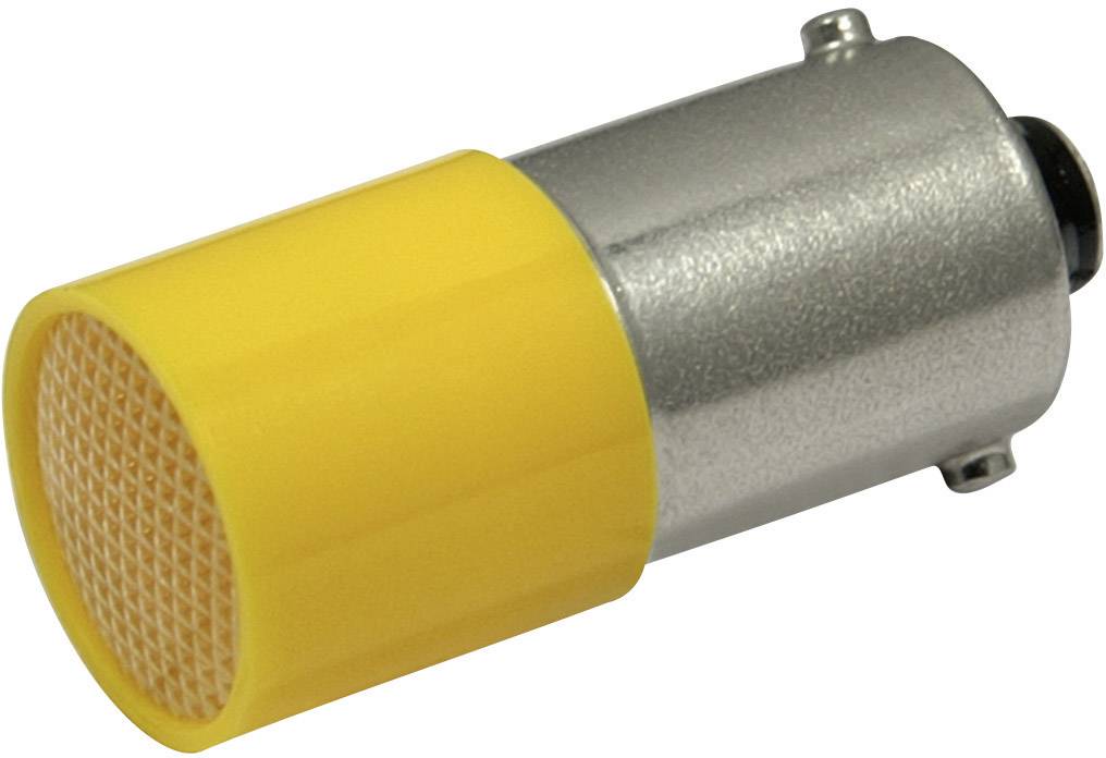 Un support LED P21W jaune pour phares de véhicules, de forme cylindrique, avec boîtier métallique et lentille jaune.