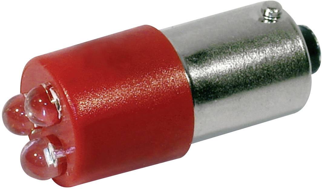 Une ampoule LED rouge avec un culot métallique, adaptée à l'éclairage automobile. Contient trois petites diodes électroluminescentes rondes dans la zone avant.