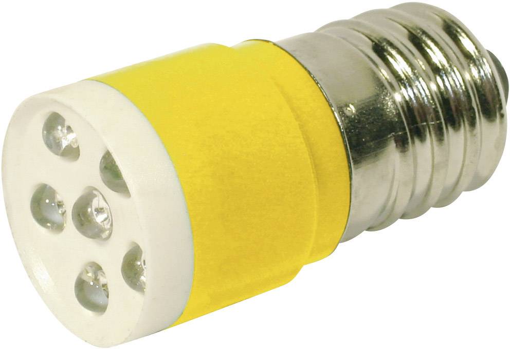 Ampoule LED jaune avec filetage argenté, partie lumineuse visible et plusieurs petites LED à son extrémité.