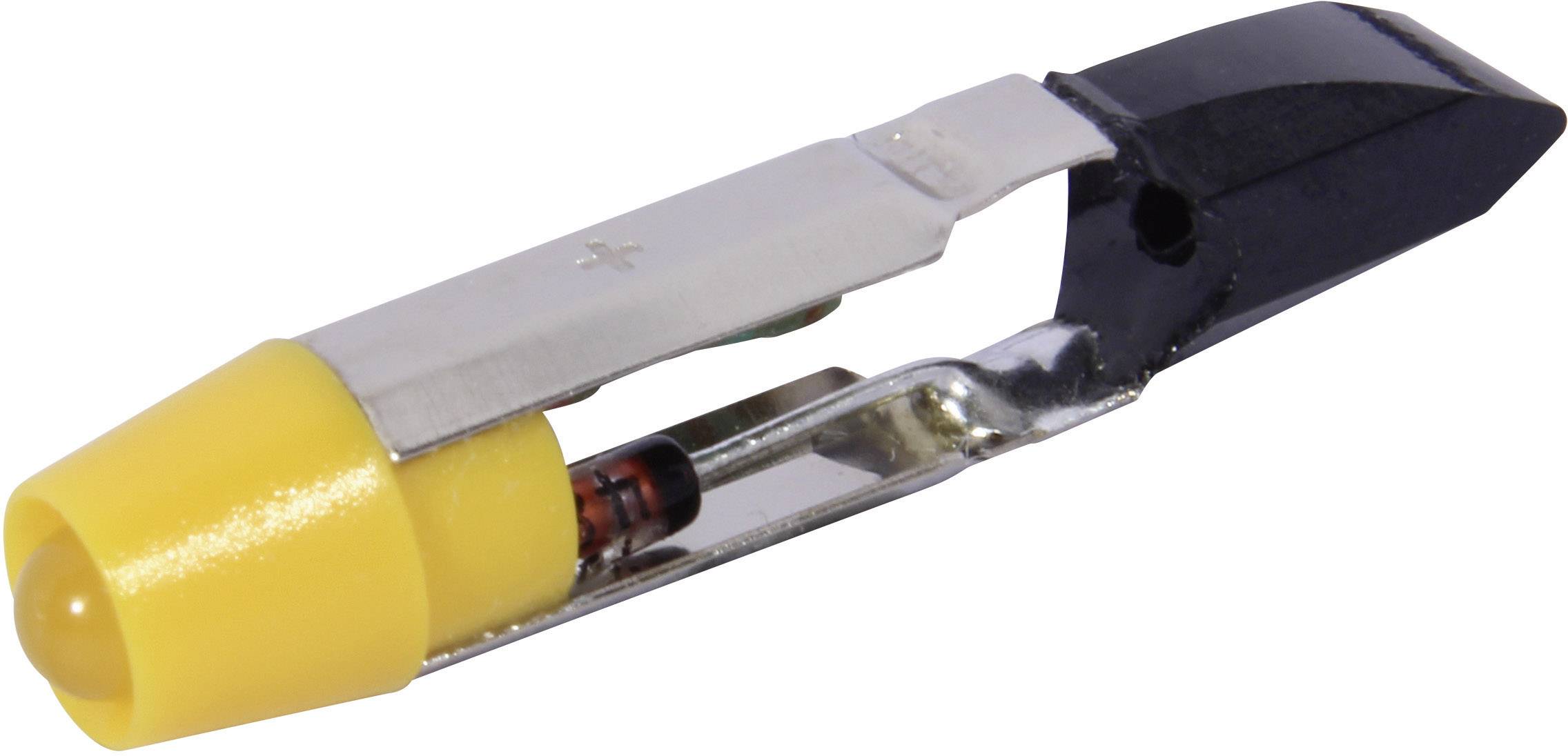 Pince crocodile avec voyant LED jaune et couvercle noir, indiquant les bornes négative et positive. Principalement utilisée en électronique.