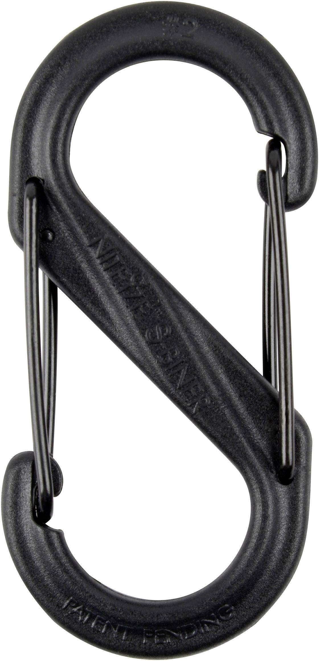 Un mousqueton noir en forme de S, avec double ressort de verrouillage, adapté pour fixer ou suspendre des objets.