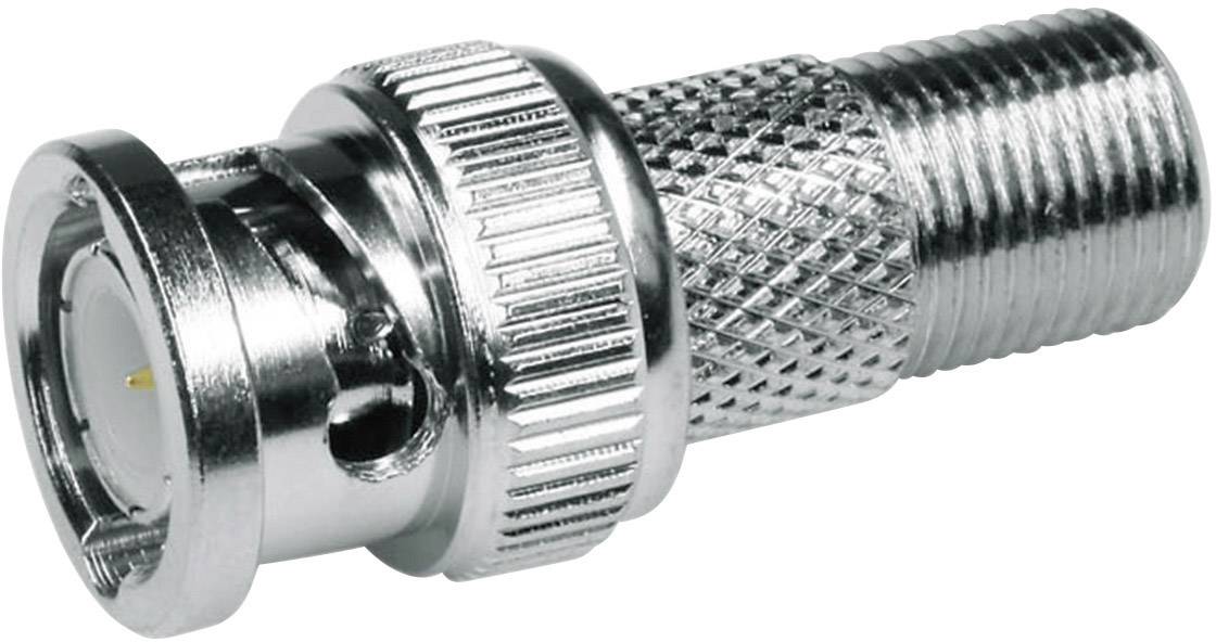 'Adaptateur métallique de connecteur BNC vers fiche femelle F. L'adaptateur est cylindrique avec un filetage cannelé et un anneau de verrouillage rotatif.'