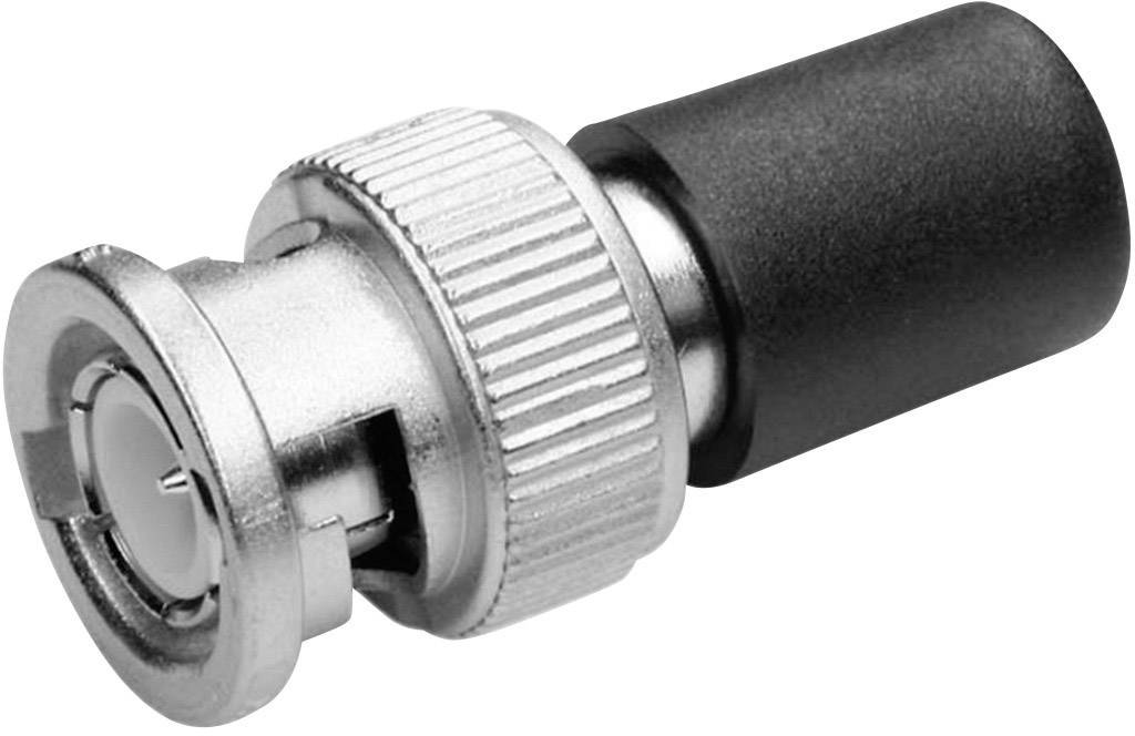 Un connecteur BNC avec une poignée cylindrique noire et un mécanisme de verrouillage métallique, utilisé dans les connexions de câbles coaxiaux.