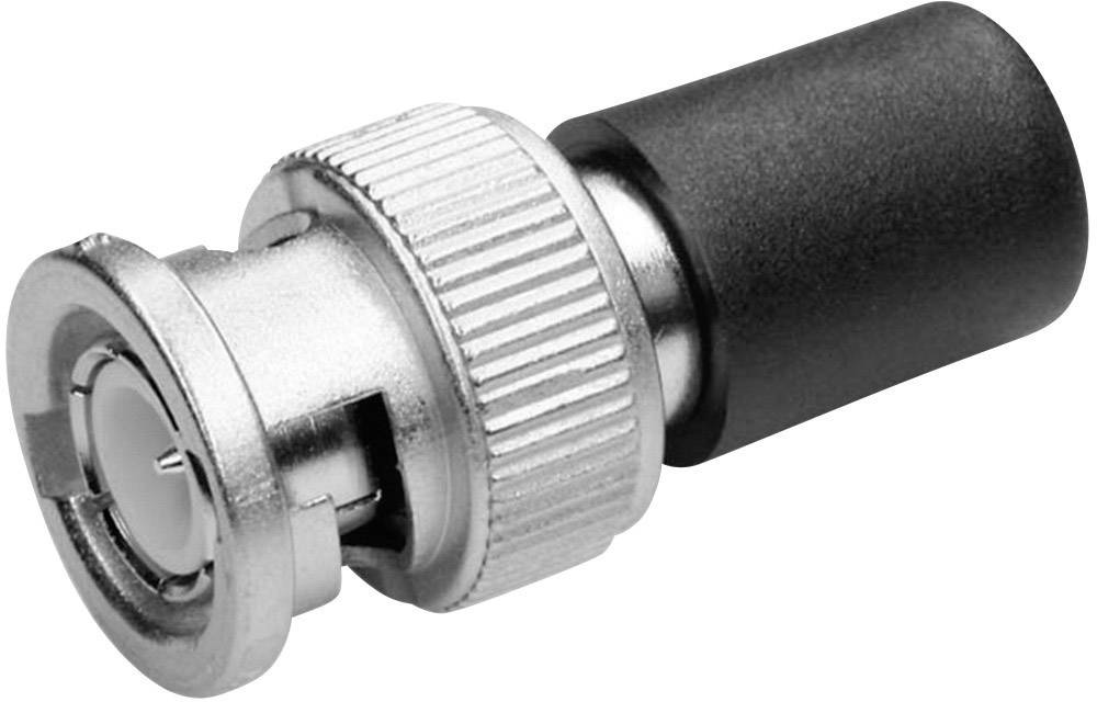 Un adaptateur de connecteur BNC avec un boîtier métallique cannelé et une extrémité en plastique, utilisé pour connecter des câbles coaxiaux dans les équipements vidéo et réseau.