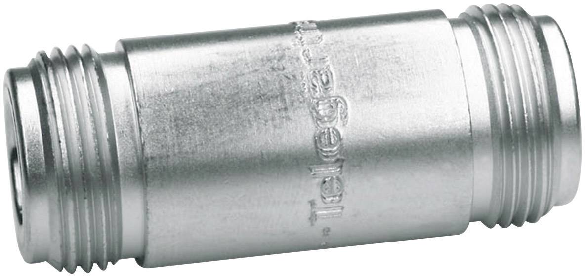 Adaptateur métallique à deux filetages mâles, probablement utilisé pour raccorder des câbles ou des tuyaux.