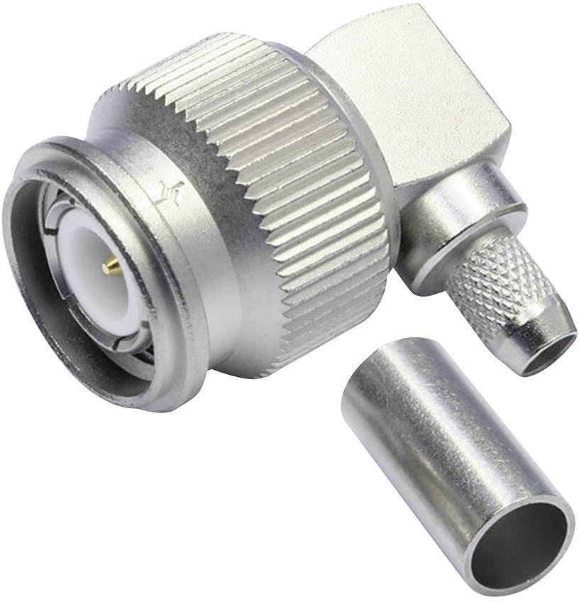 Un connecteur coaxial argenté de forme coudée, avec une pièce métallique supplémentaire, probablement destinée à maintenir le câble en place.