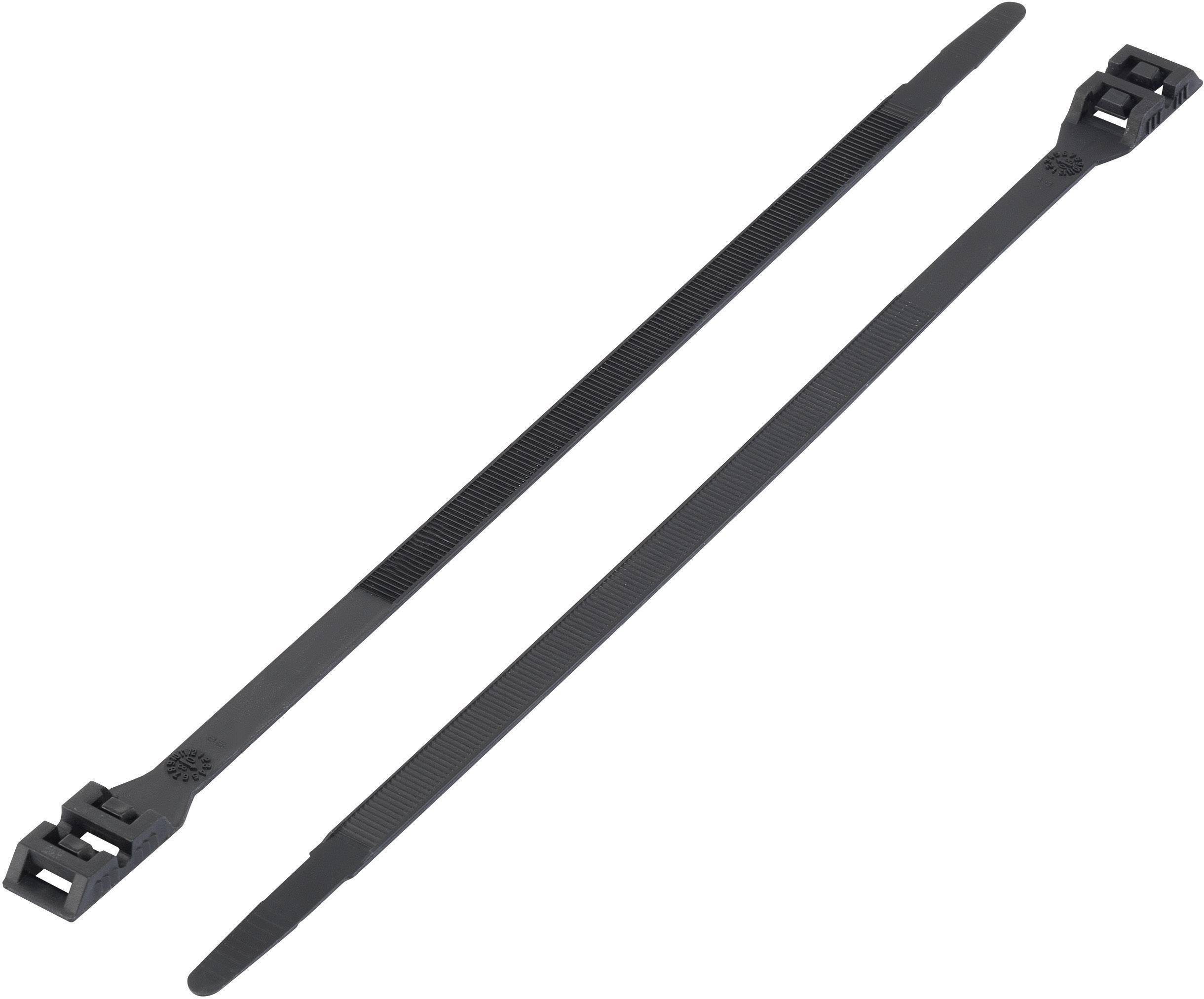 Deux liens de câble noirs en plastique sont posés parallèlement côte à côte sur un fond blanc. Ils sont adaptés pour des fixations.