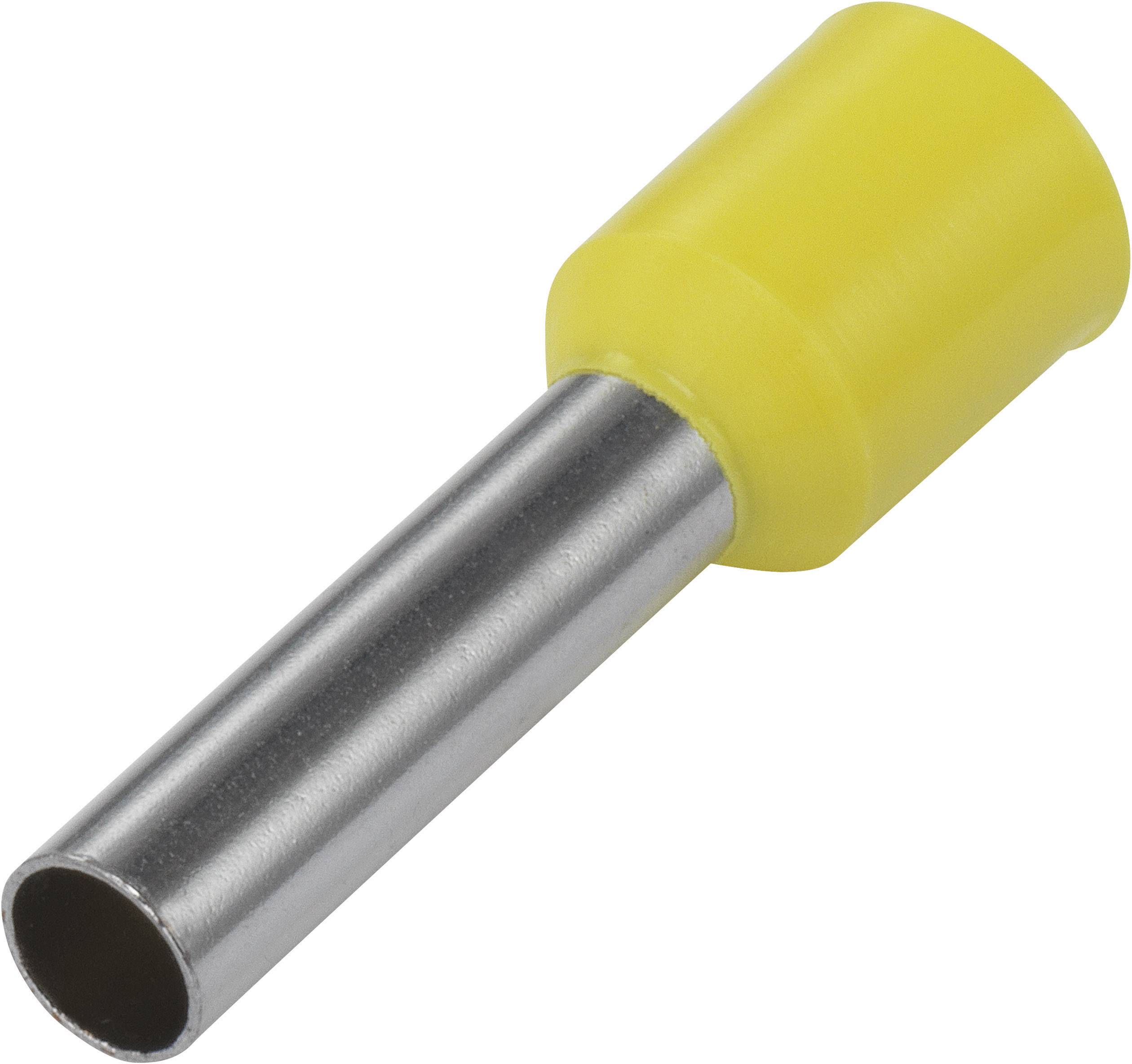 Un connecteur de cosse de câble jaune en métal et en plastique. Utilisé pour sécuriser les extrémités de câbles et établir des connexions électriques.