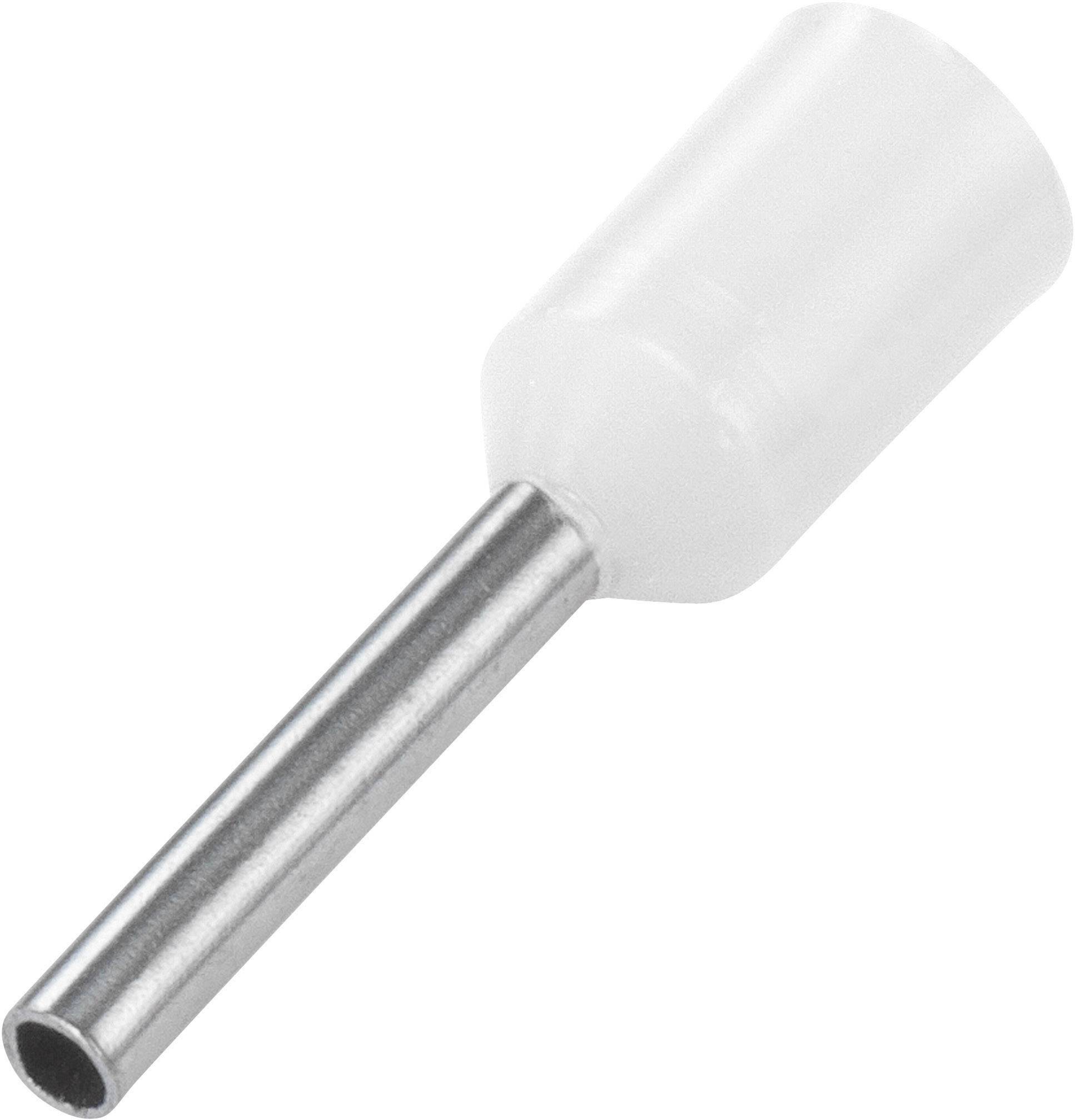Une embout de câble blanc avec une partie tubulaire métallique, pour une connexion sécurisée des extrémités de câbles dans les installations électriques.