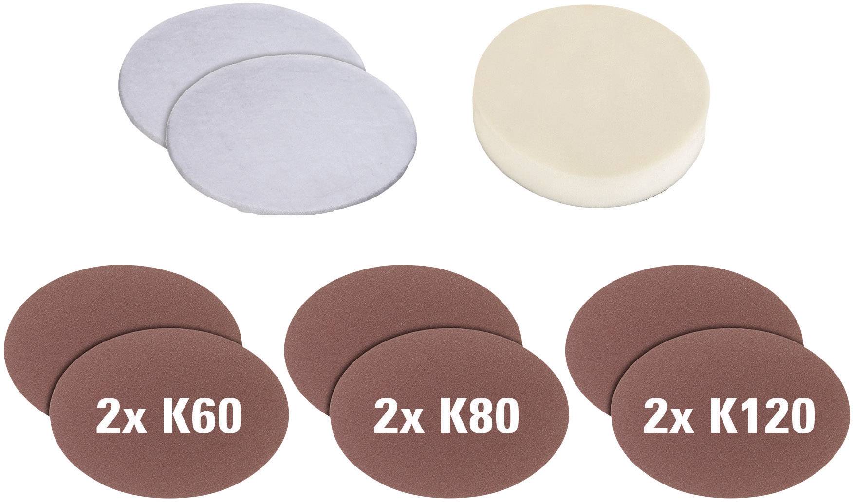 Trois ensembles de disques abrasifs : deux blancs, un tampon jaune, et six disques brun-rouge avec des grains K60, K80, K120 – deux de chaque.