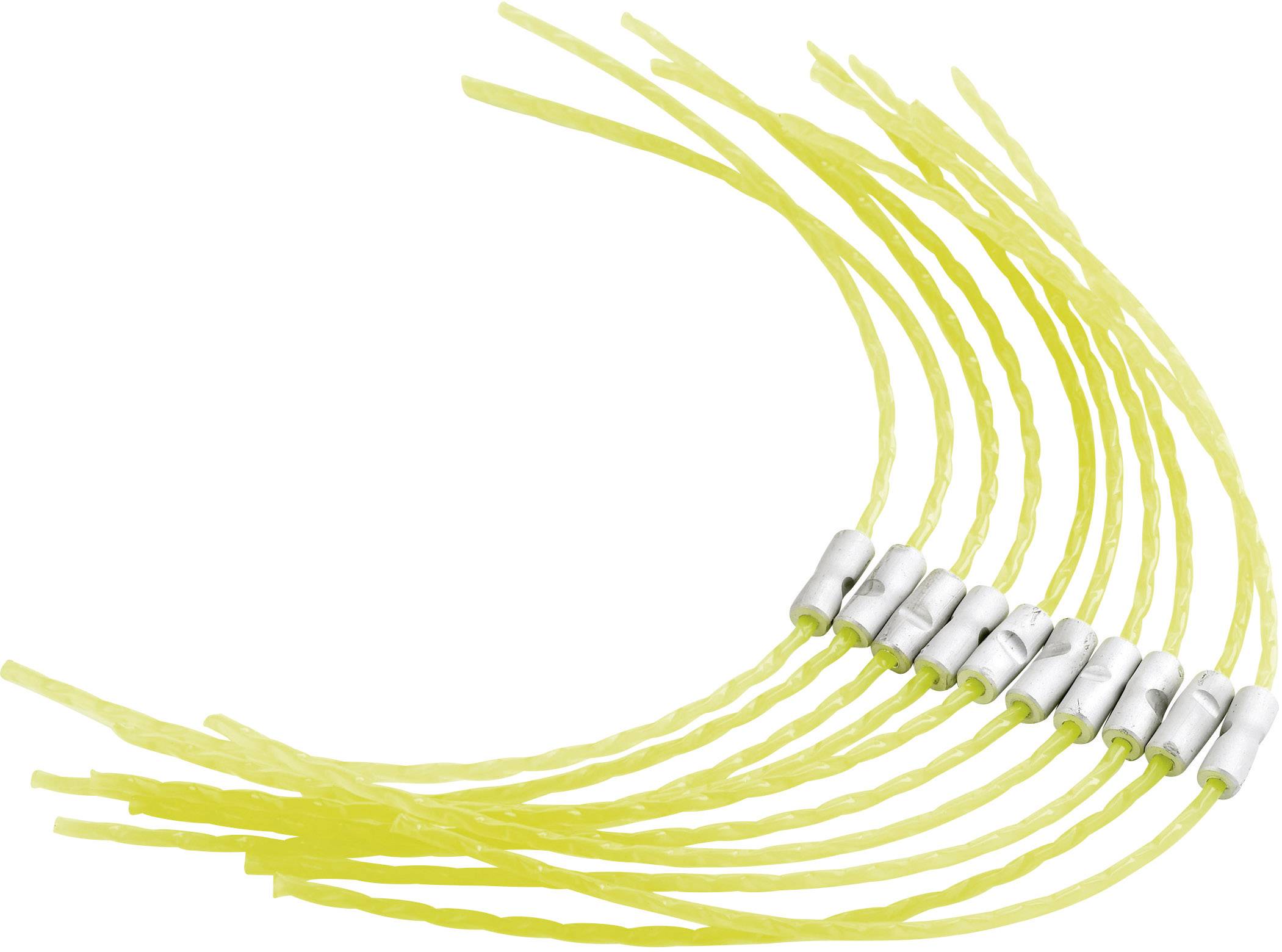 Plusieurs attaches de câble jaunes disposées en demi-cercle sur une connexion métallique argentée.