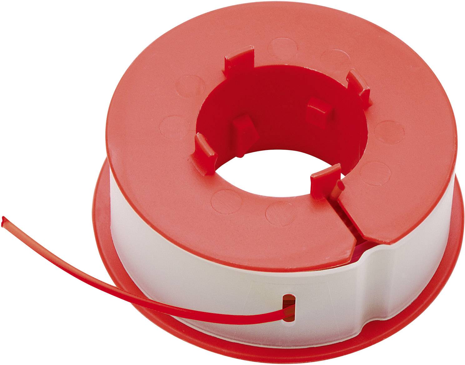 Bobine de plastique rouge avec un ruban de plastique rouge dépassant.
