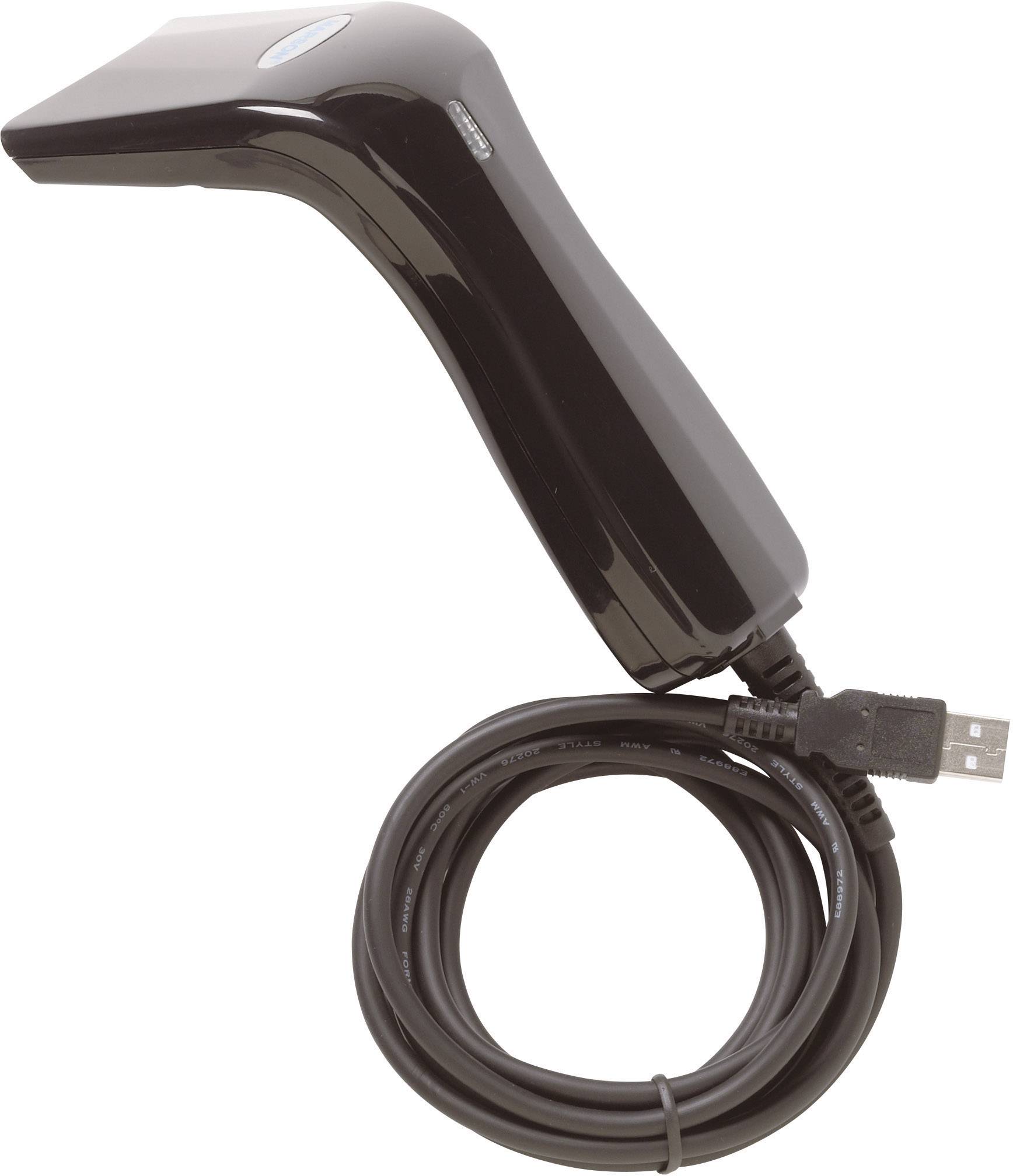 Un scanner de codes-barres USB noir avec un long câble, prêt à se connecter à un ordinateur pour scanner des codes-barres.