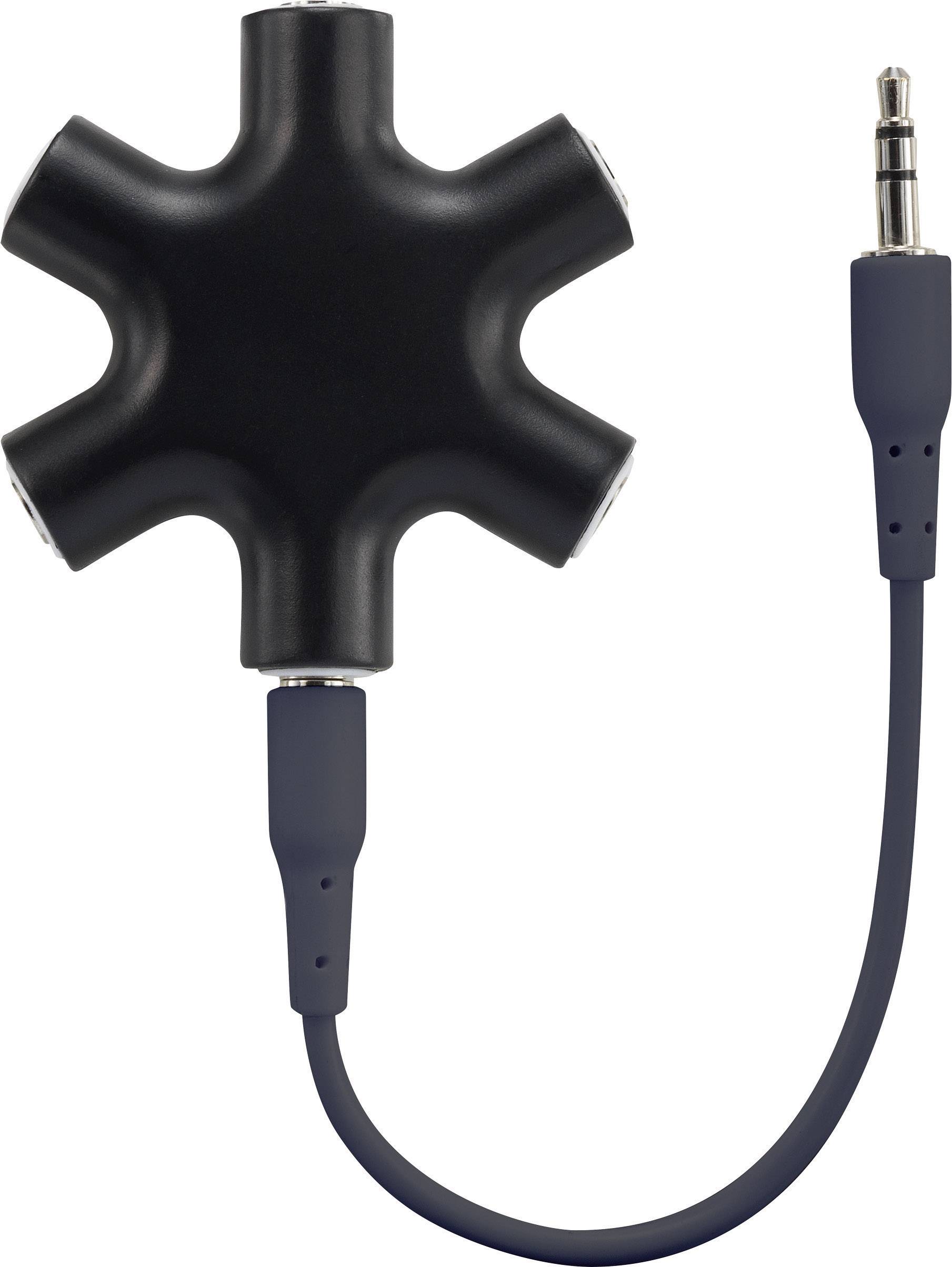 Séparateur noir pour casque au design en étoile avec cinq ports et une fiche jack de 3,5 mm sur un câble court.
