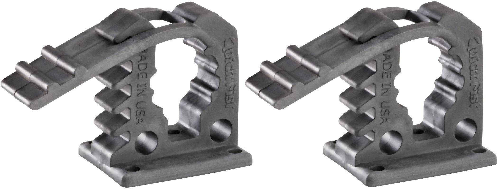 Deux supports en plastique gris à surface striée, utilisés comme clips pour fixer des tuyaux ou des câbles.