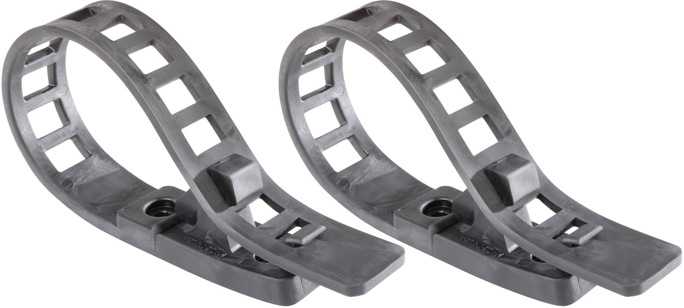Deux attaches en plastique noir flexible, disposées en boucle, pouvant servir à fixer différents objets.