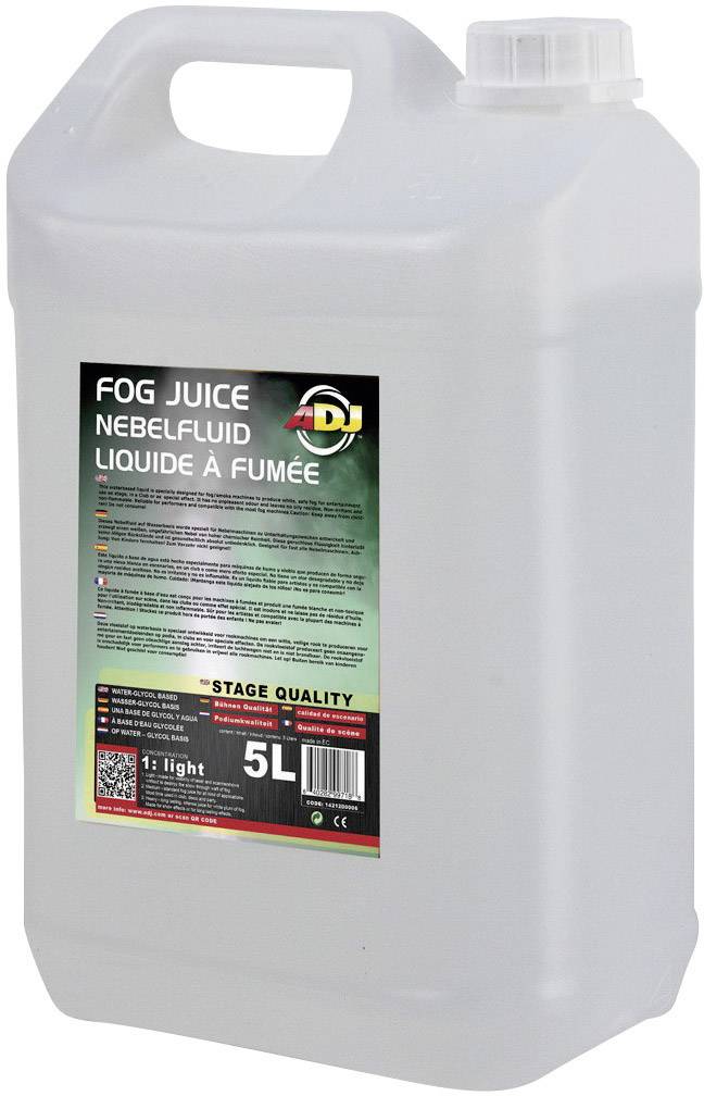 Bidon de 5 litres de liquide à brouillard, étiqueté en anglais, allemand et français. Adapté pour les effets de scène et d'éclairage.