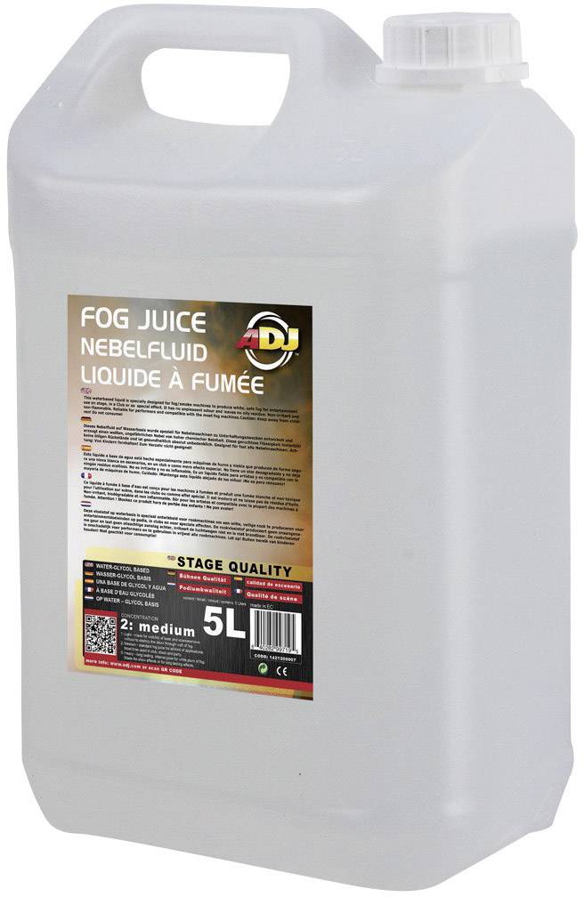 Un bidon de 5 litres de liquide à brouillard. Étiqueté en anglais, allemand et français. Adapté aux machines à brouillard.