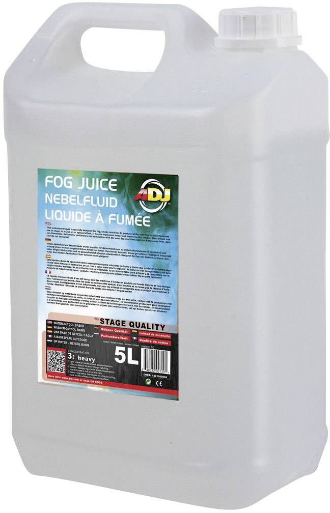 Un bidon de 5 litres de liquide à fumée, marque ADJ. Sur l'étiquette, il est inscrit 'Fog Juice', accompagné de instructions et de consignes de sécurité.
