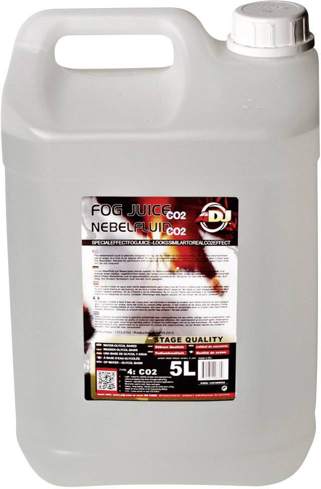 Un bidon de 5 litres de 'Fluide Brume CO2', spécialement conçu pour les scènes et les effets. Contient des informations de sécurité et des instructions d'utilisation.