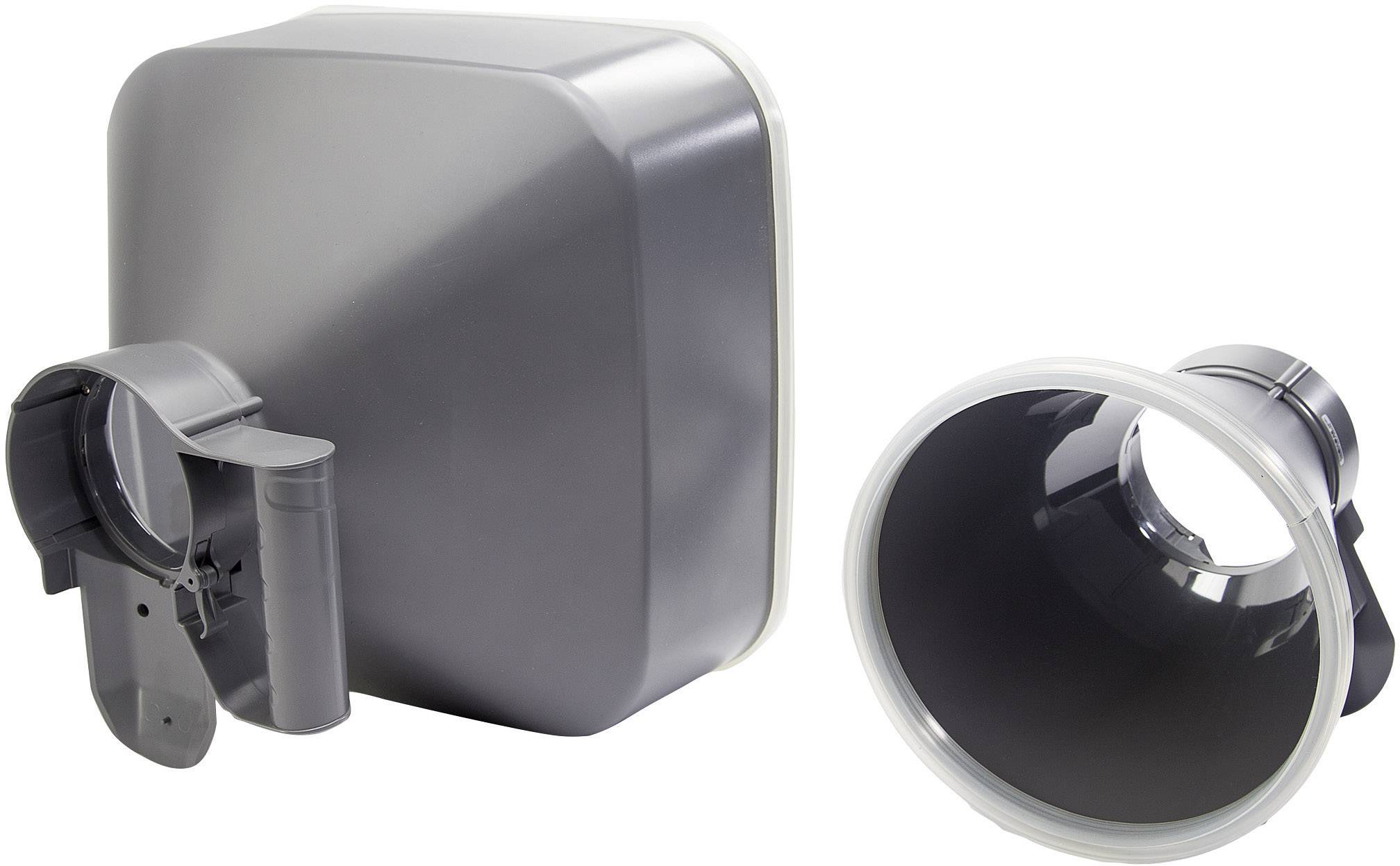 Un boîtier rectangulaire gris et un composant en forme d'entonnoir, tous deux dotés de bordures blanches, sur un fond blanc.